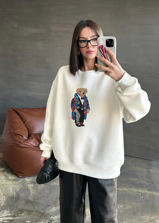 Ayıcık Baskılı Sweatshirt EKRU