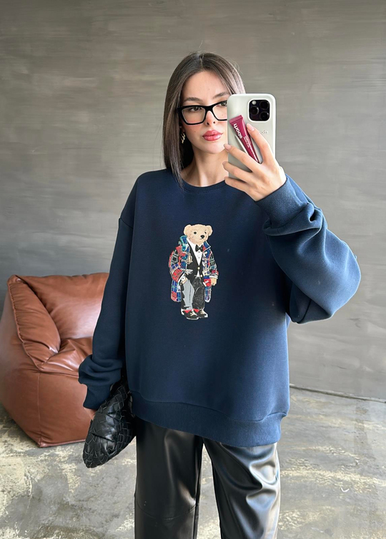Ayıcık Baskılı Sweatshirt LACİVERT
