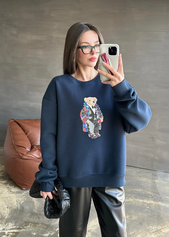 Ayıcık Baskılı Sweatshirt LACİVERT