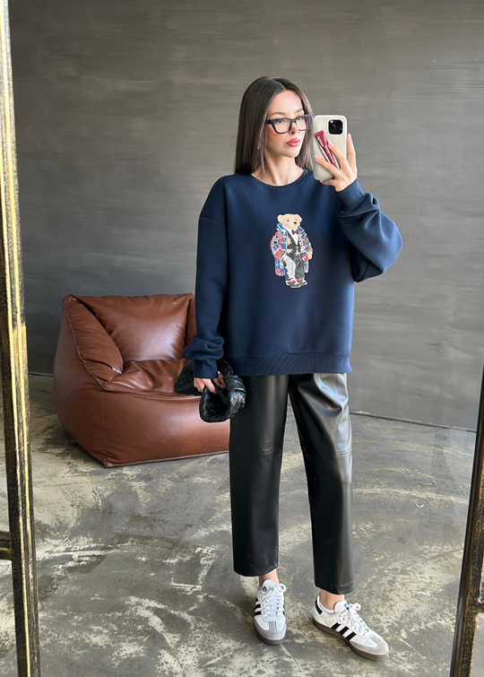 Ayıcık Baskılı Sweatshirt LACİVERT