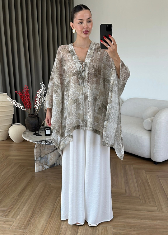 Bağcıklı Etnik Desen Bluz RENKLİ