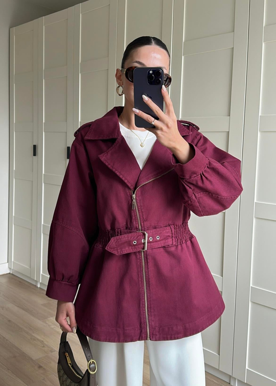 Balon Kol Denim Ceket BORDO