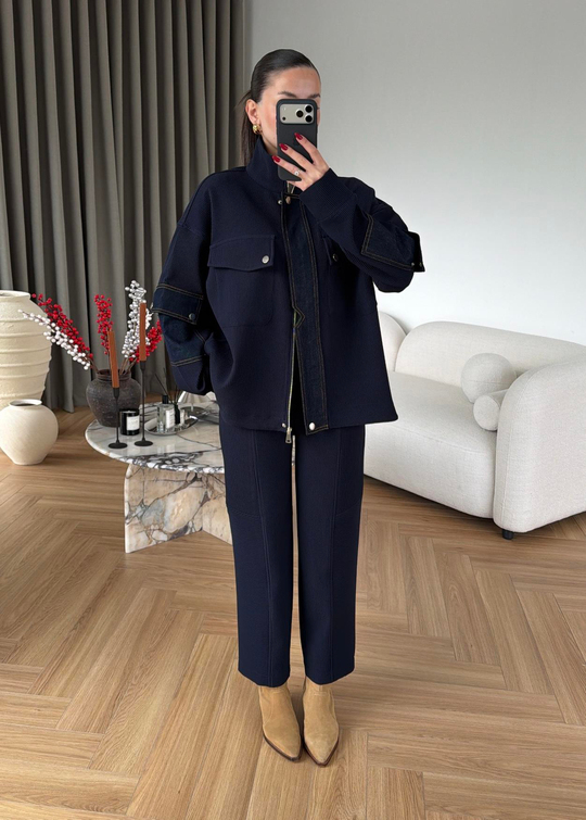 Balon Pantolonlu Denimli Takım LACİVERT