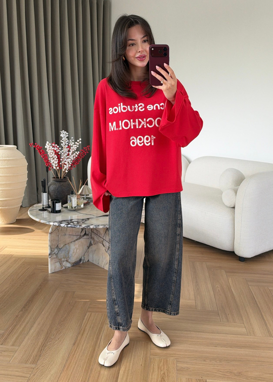 Baskılı Uzun Kollu Sweat Tişört KIRMIZI