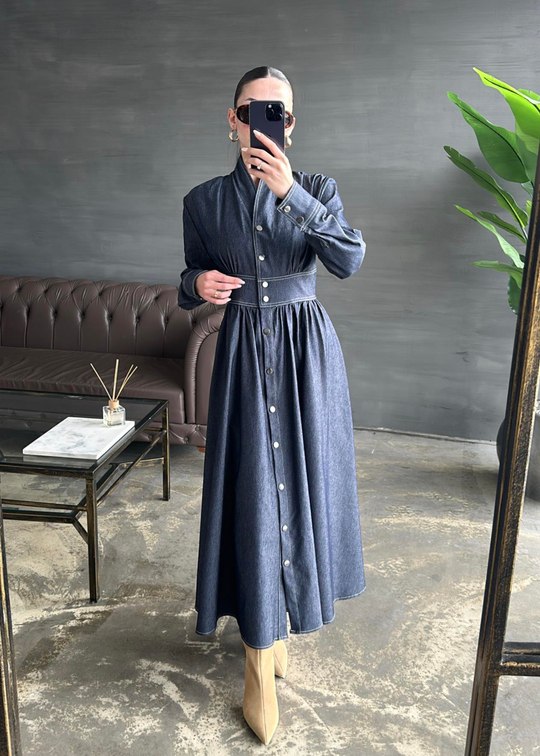 Belden Oturtmalı Denim Elbise MAVİ