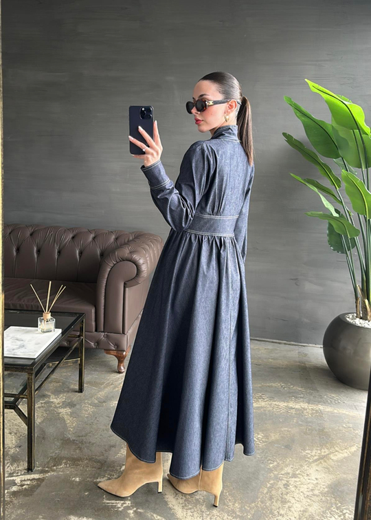 Belden Oturtmalı Denim Elbise MAVİ