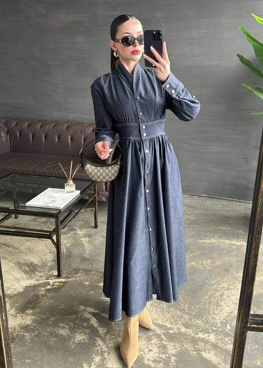 Belden Oturtmalı Denim Elbise MAVİ