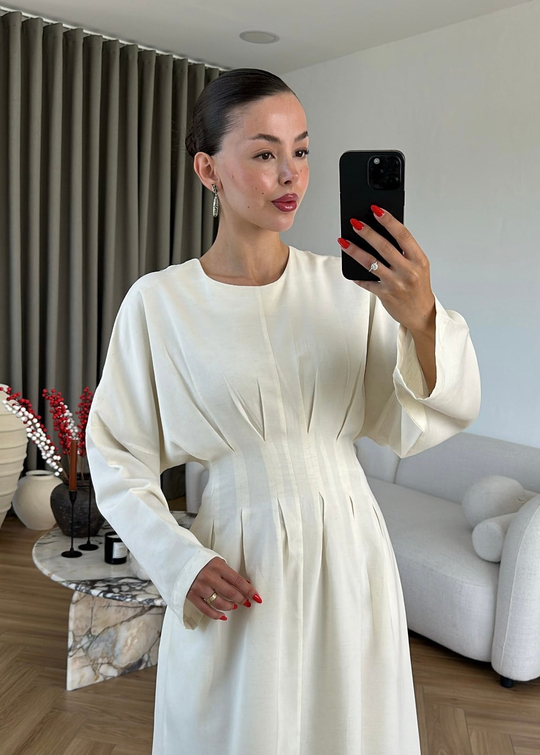 Beli Korse Detaylı Elbise EKRU