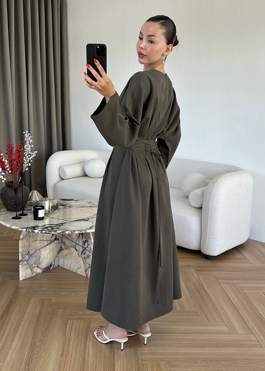 Beli Korse Detaylı Elbise HAKİ