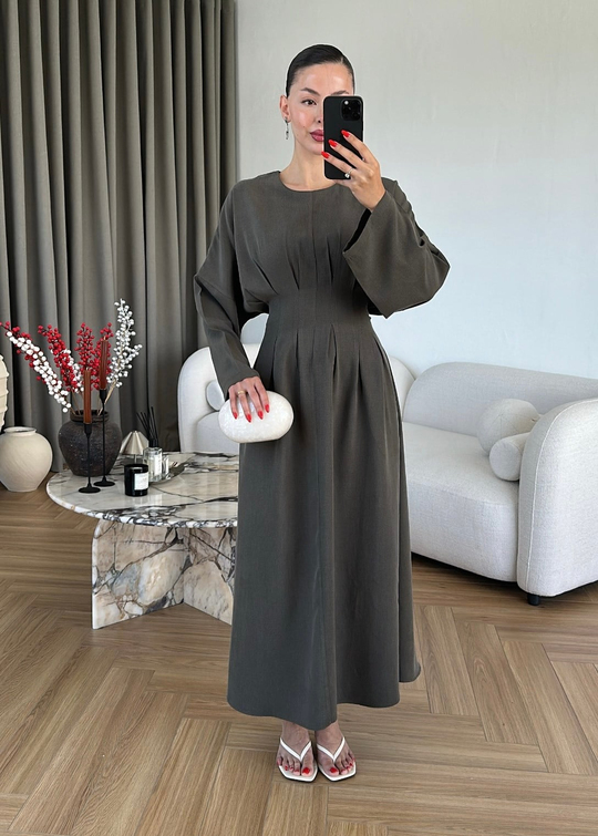 Beli Korse Detaylı Elbise HAKİ