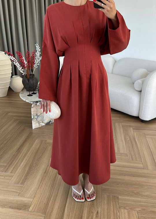 Beli Korse Detaylı Elbise KİREMİT