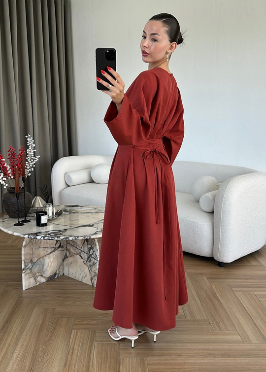 Beli Korse Detaylı Elbise KİREMİT
