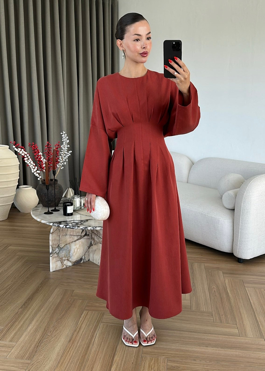 Beli Korse Detaylı Elbise KİREMİT