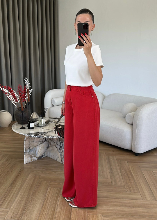 Beli Lastikli Tensel Karışımlı Jean KIRMIZI