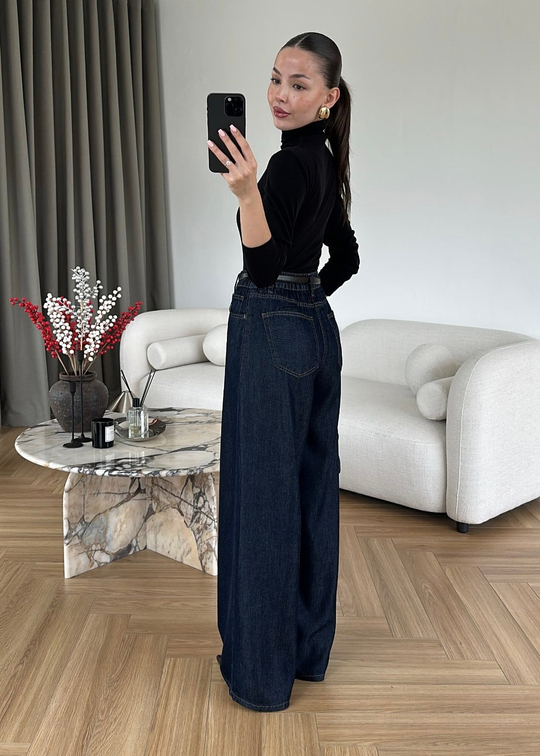 Beli Lastikli Tensel Karışımlı Jean LACİVERT