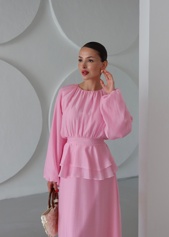 Beli Volanlı Elbise PEMBE