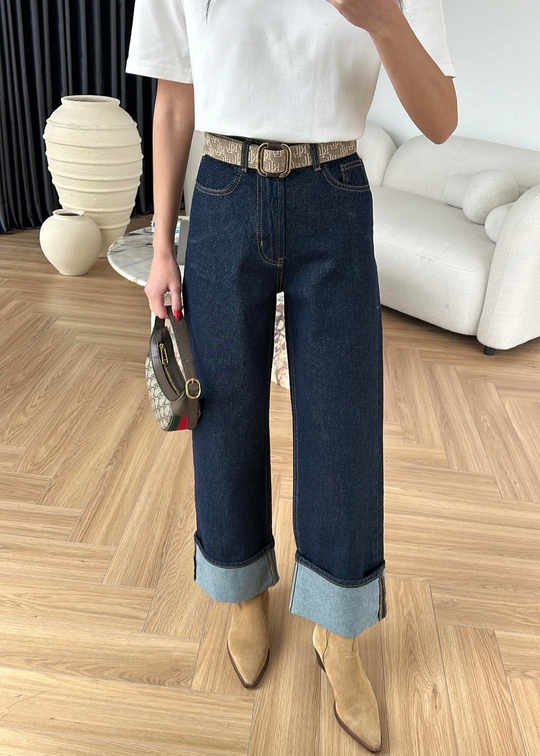 Bilek Boy Paçası Katlı Jean LACİVERT