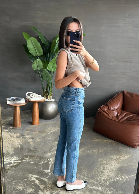 Boyfit Kesik Paça Jean Orta Mavi