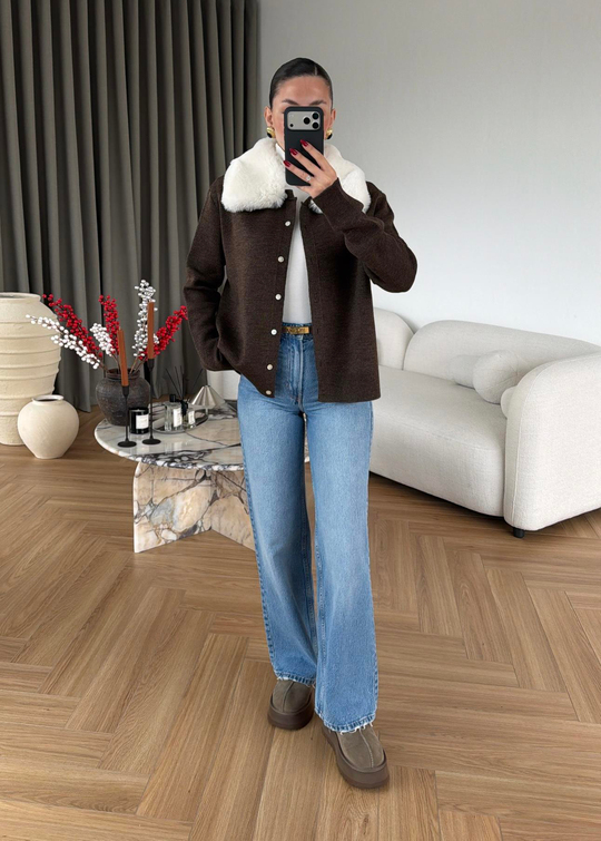 Button Peluş Yakalı Hırka KAHVE
