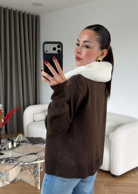 Button Peluş Yakalı Hırka KAHVE