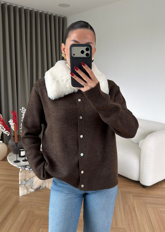 Button Peluş Yakalı Hırka KAHVE
