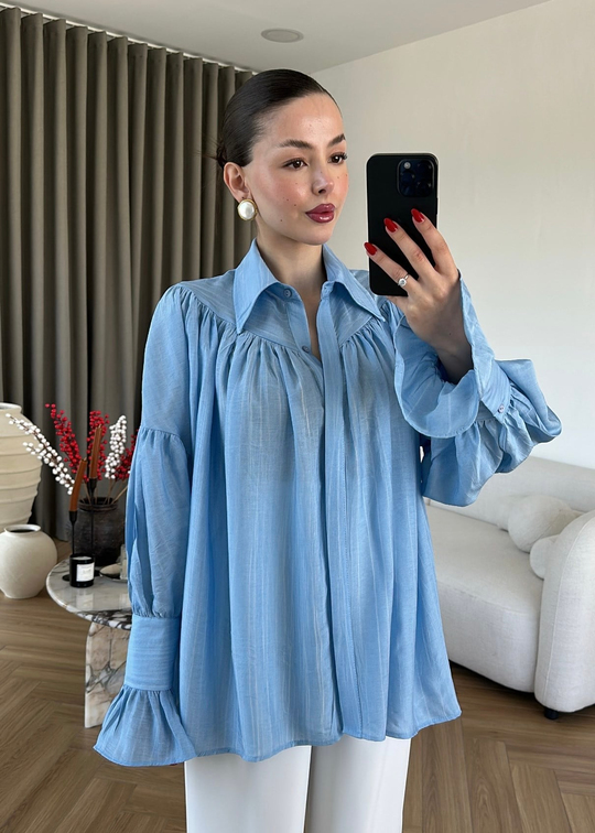 Büzgülü Uzun Gömlek BEBE MAVİ