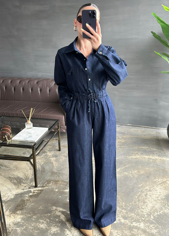 Cep Detaylı Denim Takım Koyu Mavi
