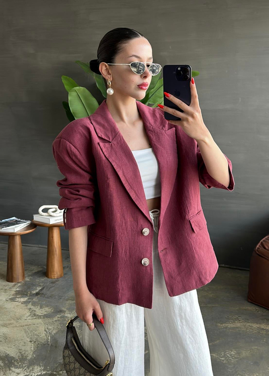 Çift Cepli Ham Keten Ceket BORDO