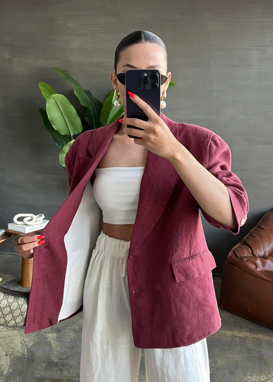 Çift Cepli Ham Keten Ceket BORDO