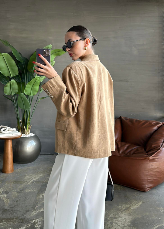 Çift Cepli Ham Keten Ceket CAMEL