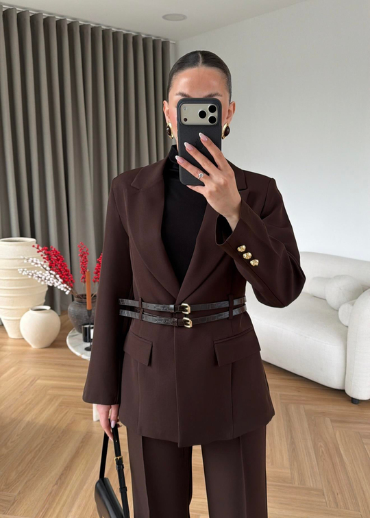 Çift Kemerli Blazer Takım ACI KAHVE