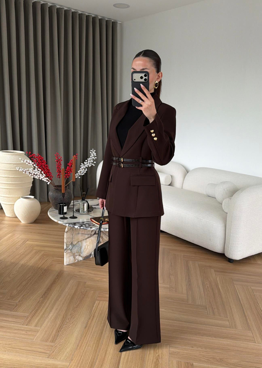 Çift Kemerli Blazer Takım ACI KAHVE