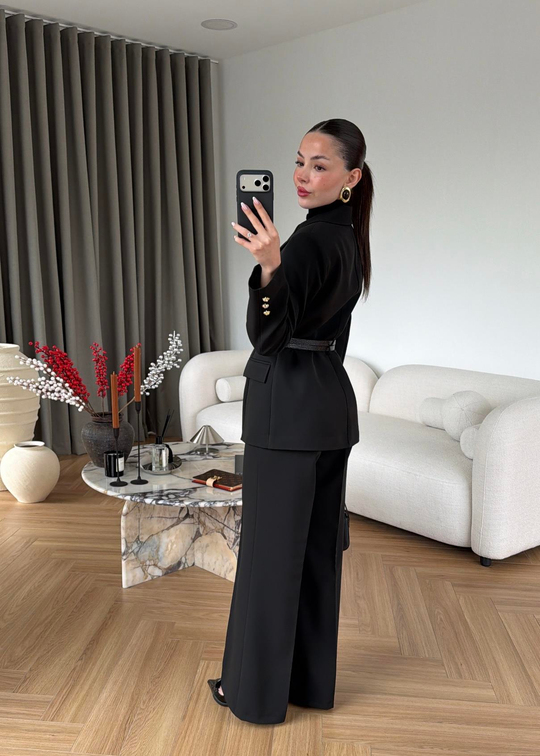 Çift Kemerli Blazer Takım SİYAH