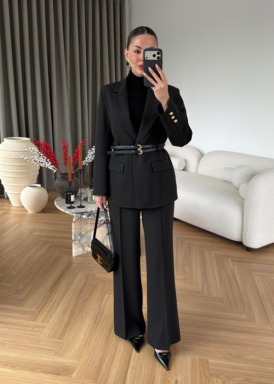 Çift Kemerli Blazer Takım SİYAH