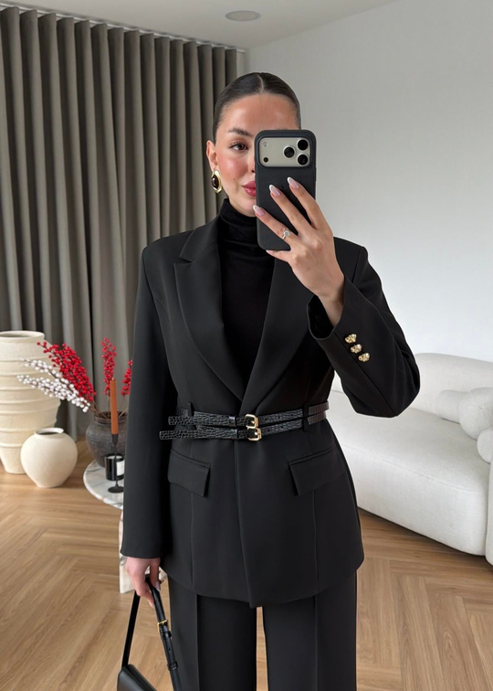 Çift Kemerli Blazer Takım SİYAH