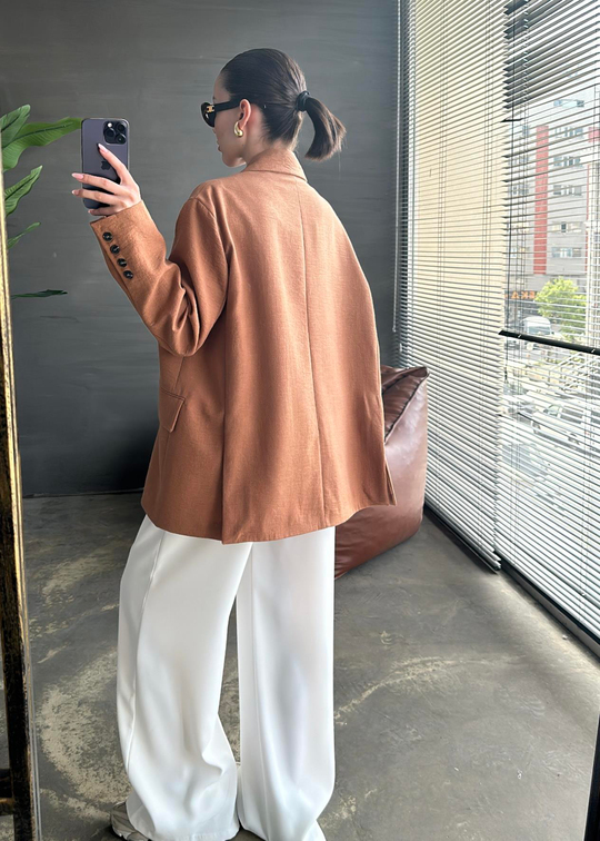 Çift Yırtmaçlı Keten Ceket CAMEL