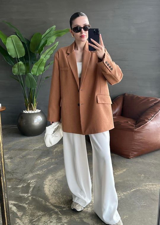 Çift Yırtmaçlı Keten Ceket CAMEL
