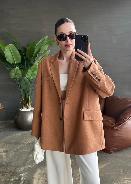 Çift Yırtmaçlı Keten Ceket CAMEL