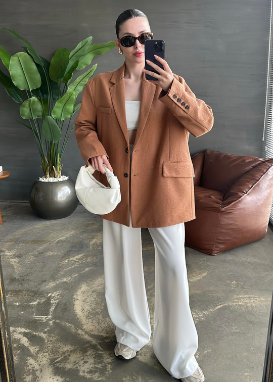 Çift Yırtmaçlı Keten Ceket CAMEL