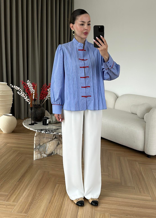 Çin Düğmeli Gömlek MAVİ