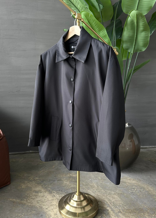 Çıtçıtlı Oversize Yağmurluk Ceket SİYAH