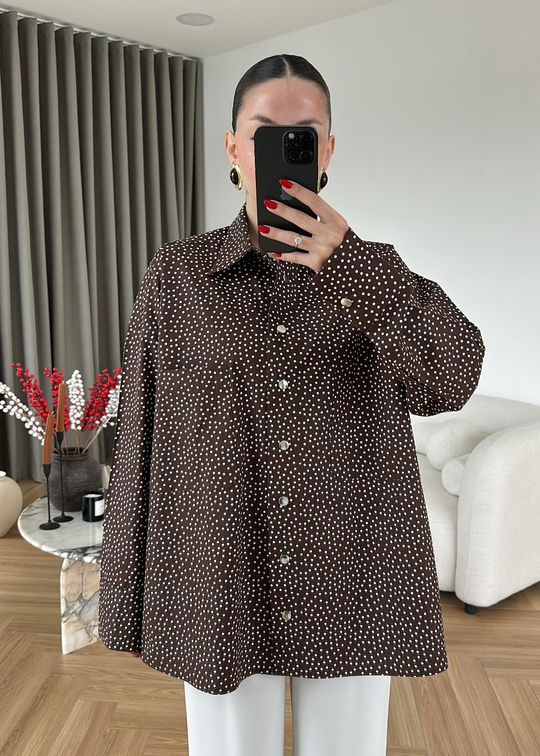 Çıtçıtlı Puantiyeli Uzun Gömlek ACI KAHVE