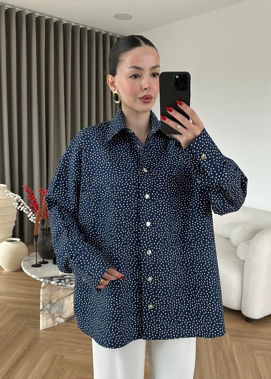 Çıtçıtlı Puantiyeli Uzun Gömlek LACİVERT