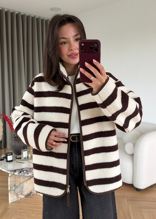 Çizgili Fermuarlı Peluş Ceket KAHVERENGİ