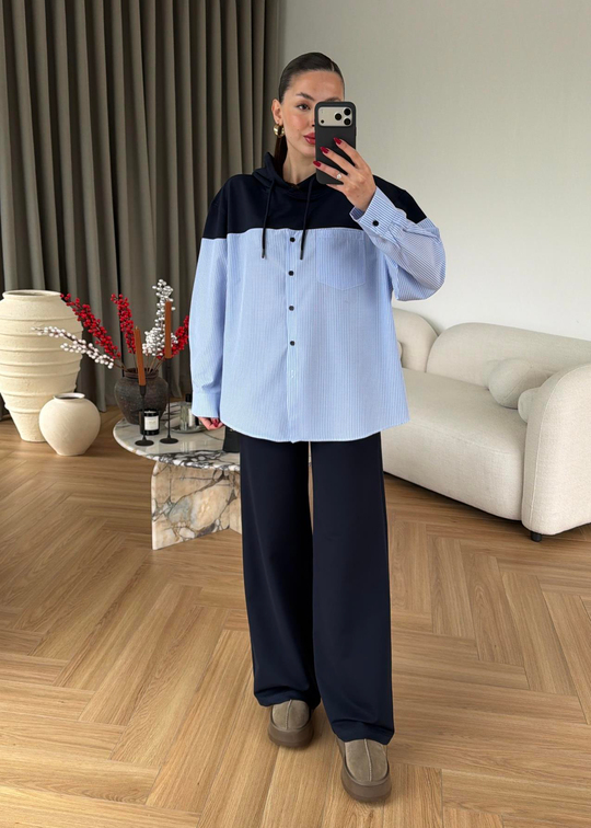 Çizgili Gömlekli Modal Takım LACİVERT