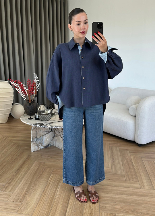 Çizgili Kumaş Detaylı Gömlek LACİVERT
