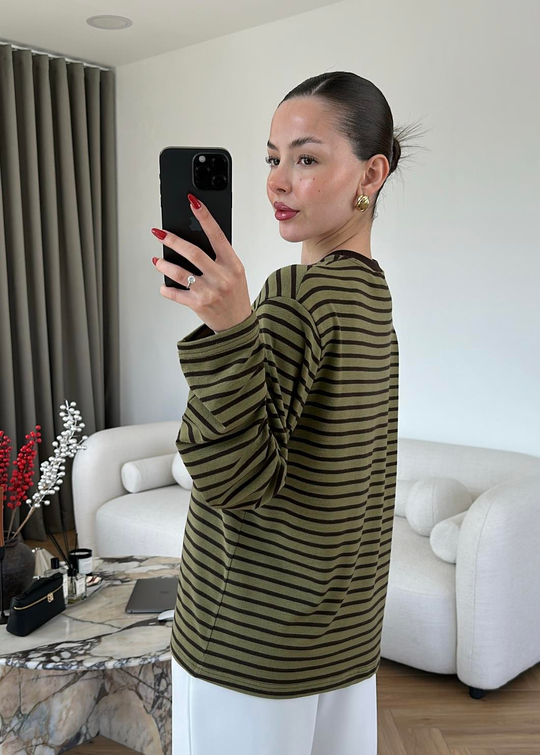 Çizgili Örme Oversize Bluz HAKİ