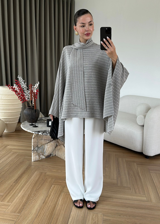 Çizgili Panço Bluz GRİ