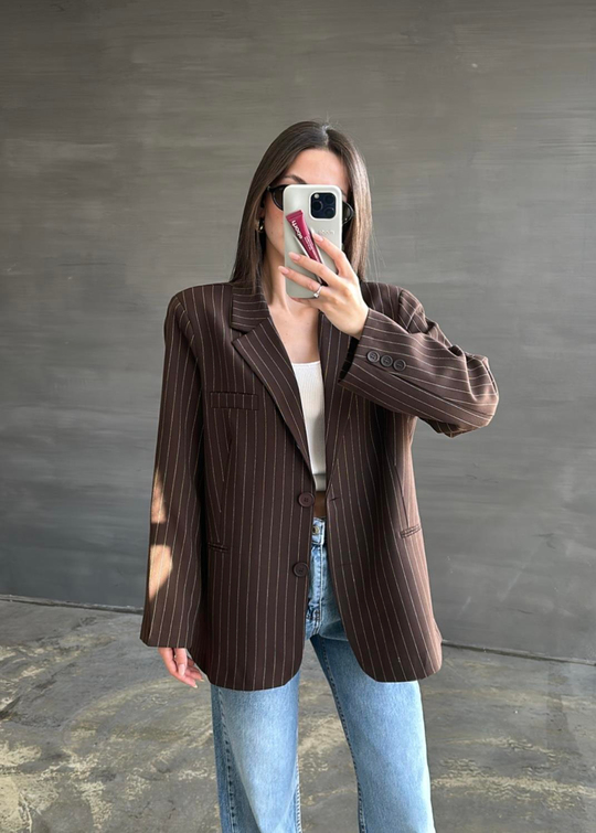Çizgili Premium Blazer ACI KAHVE