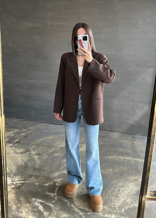 Çizgili Premium Blazer ACI KAHVE